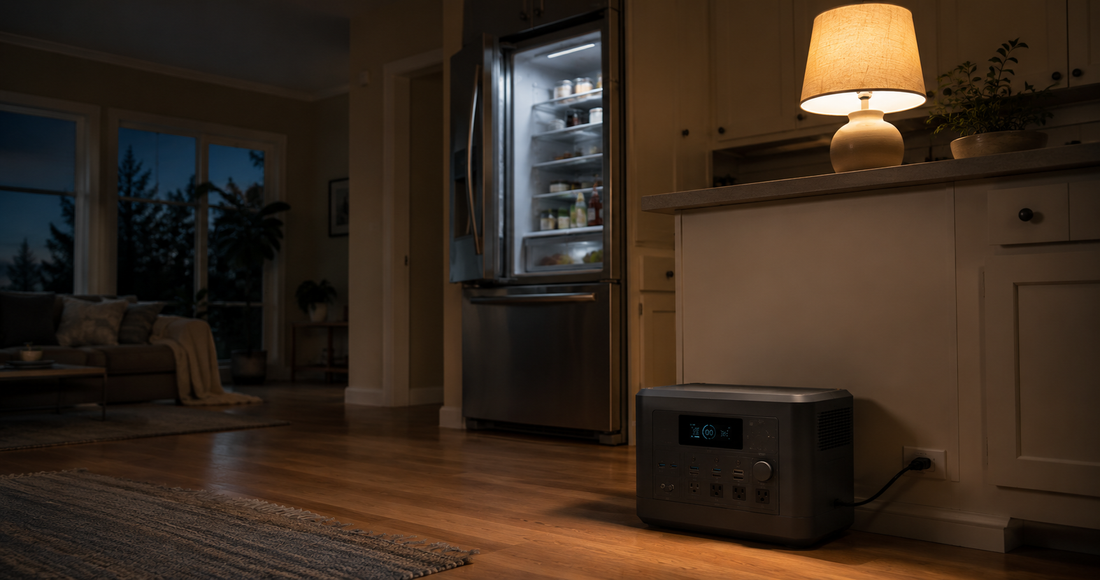 A portable power station keeping a refrigerator and lamp running in a home during a power outage.