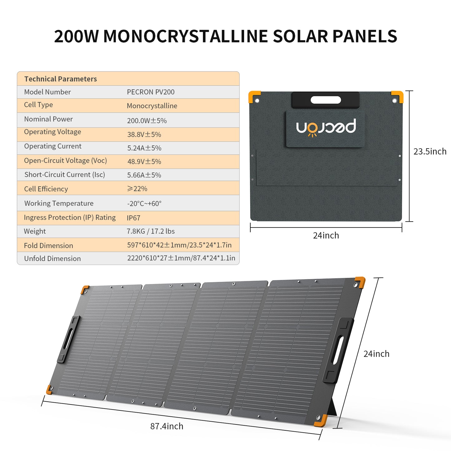 Pecron PV200 200W Portable Solar Panel (IP67, MC4)